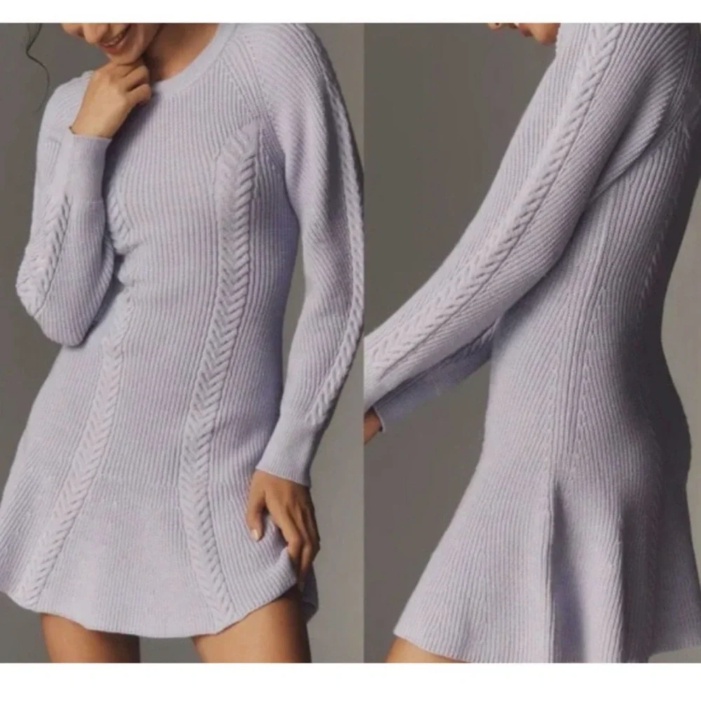 Anthropologie Gray Blue Cable-Knit Long Sleeve Fit-and-Flare Dress - Picture 5 of 6